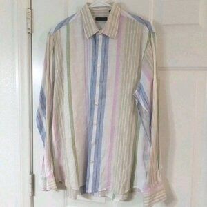 Patrick Assaraf 100% Linen Striped Men's Size Large Button Up Long Sleeve Shirt